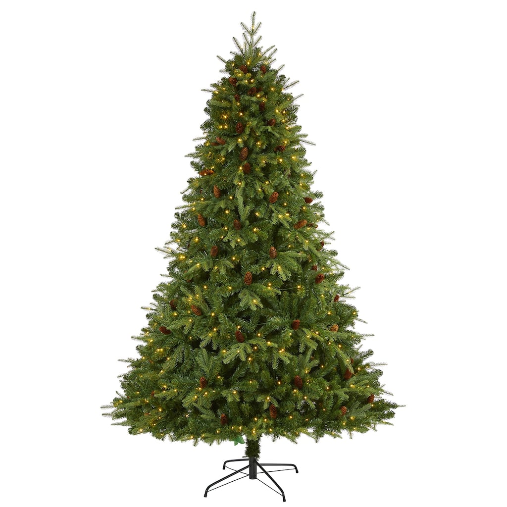 8ft Artificial Christmas Tree with Lights - Wellington Spruce Holiday Decor, Clear Lights, Pine Cones, Large Tree - Green - 96