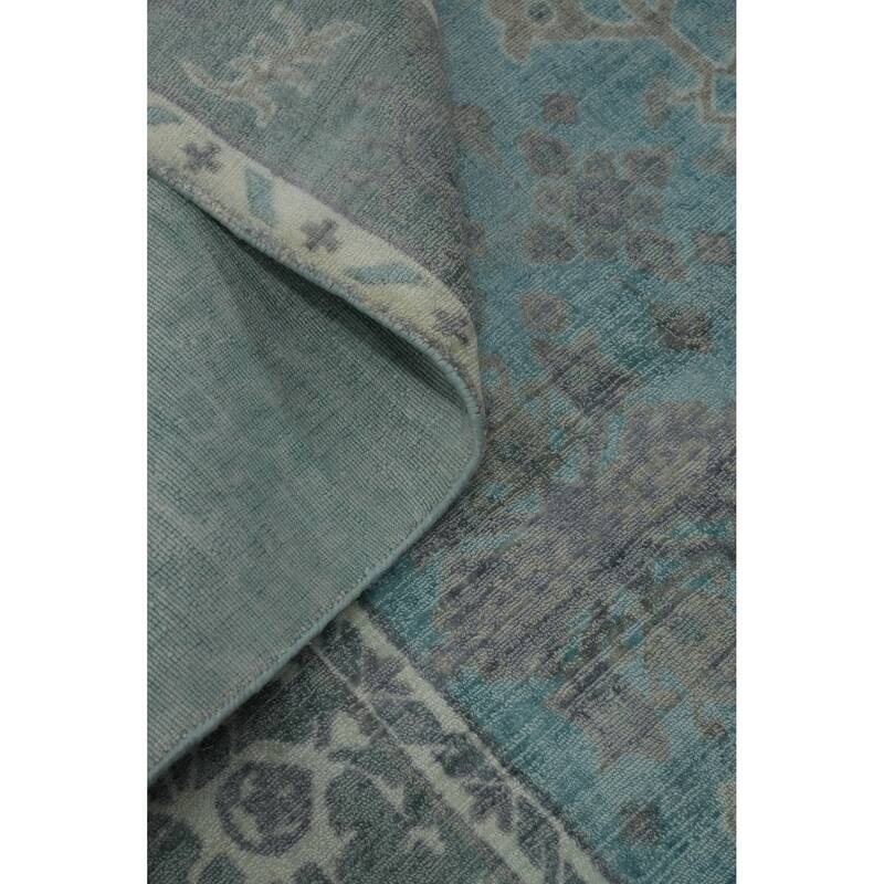Hand-knotted Transitional Silk Carpet Blue Oushak Rug Floral Oriental Area Rug - 8' 0'' X 5' 0''
