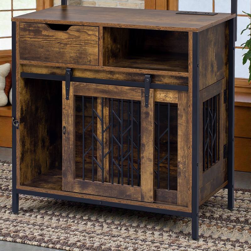 2-in-1 Rustic Dog Crate Side Cabinet Hutch, Dog Kennel Furniture with Storage, Drawers & Cupboard for Small Dogs up to 40 lbs