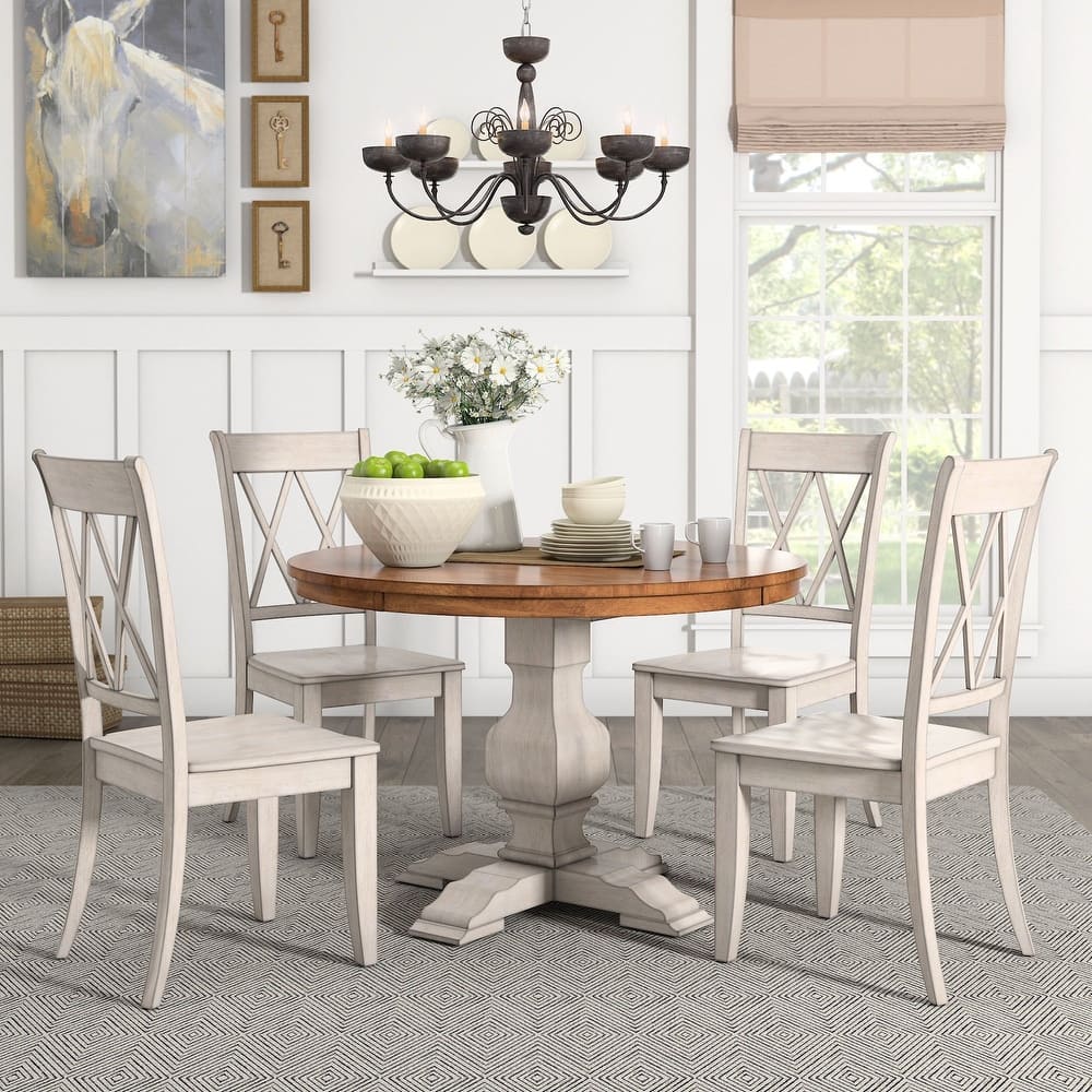 Eleanor Antique White Round Solid Wood Top 5-Piece Dining Set - X Back by iNSPIRE Q Classic