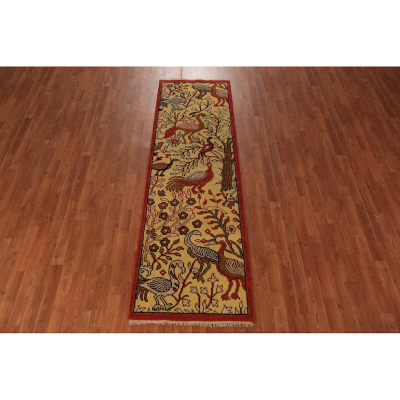 Animals Design Yellow Ziegler Indian Runner Rug Handmade Wool Carpet - 2'6"x 8'0"
