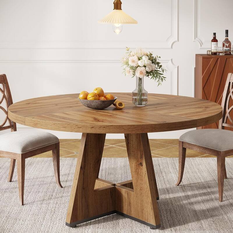 47" Round Wood Dining Table 4-Seater Farmhouse with Wooden Tabletop Cross Base for Dining Room/Kitchen