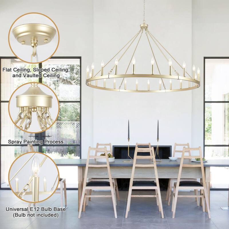 24 - Light 52in. Lagre Dimmable Wagon Wheel Chandelier Farmhouse Round Vintage Candle Style Light - N/A