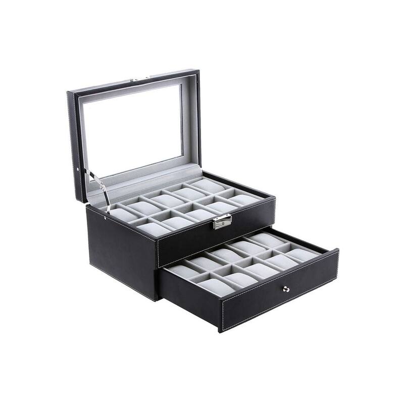 Classic Watch Storage Box with Two Layers and Multiple Compartments and Soft Velvet Cushioning - 20- slot - Black