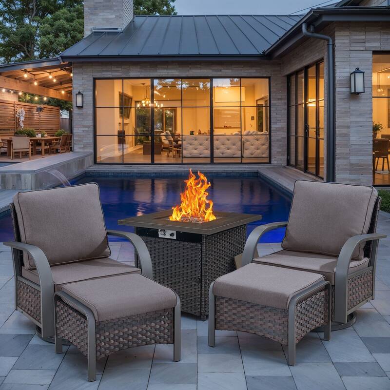 Patio 4Pieces Glider Chairs Ottoman with Fire Pit Table - Grey cushion - Brown - Grey - Brown