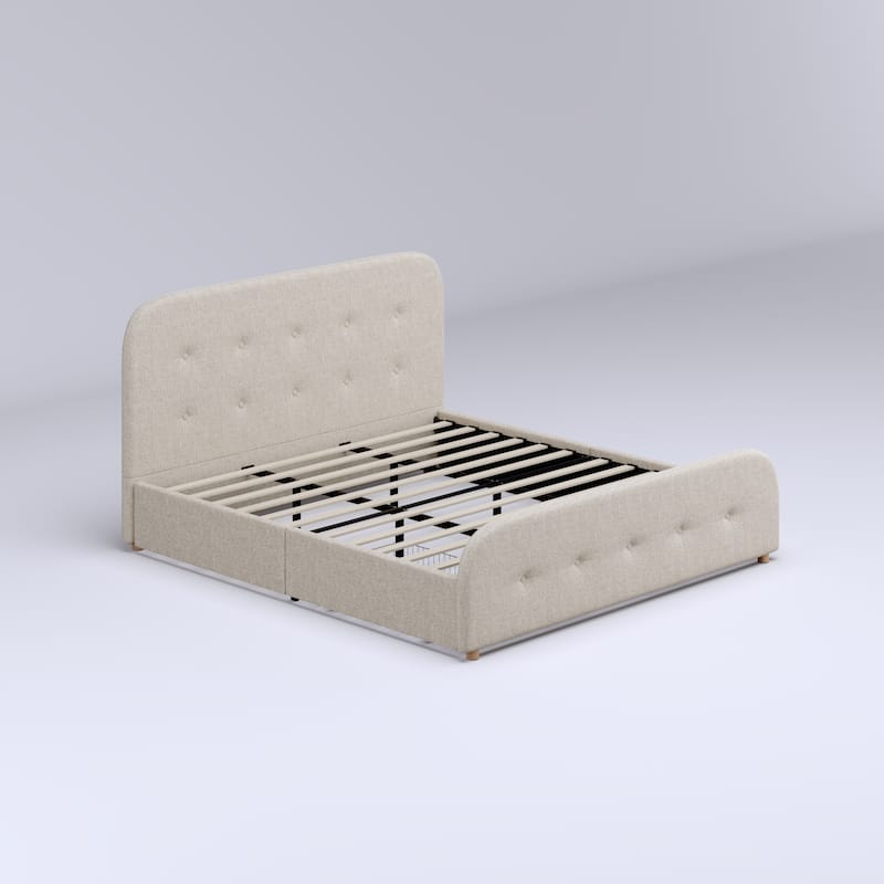 King Size Beige Linen Upholstered Platform Bed Tall Tufted Headboard & High Footboard Minimalist Storage Bed Frame w/Drawers