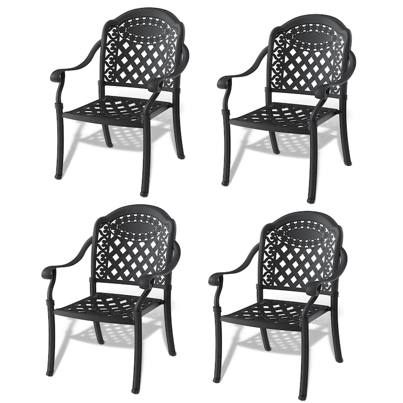 Black Stackable Cast Aluminum Patio Outdoor Dining Chairs With Seat Cushions - Black(Set of 4)