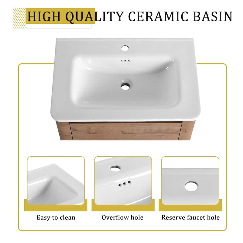 40'' Wall-Mounted Bathroom Vanity with White Ceramic Sink and Storage Shelves & 1-Soft-Close Door, KD-Packing, Plywood