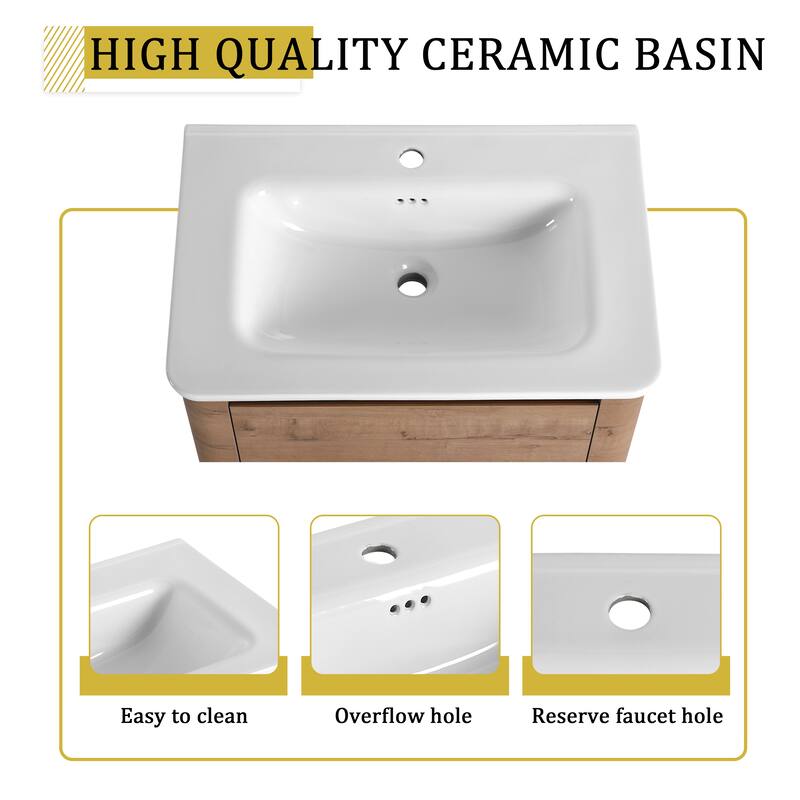 68'' Wall-Mounted Bathroom Vanity with White Ceramic Sink and Storage Shelves & 1-Soft-Close Door, KD-Packing, Plywood