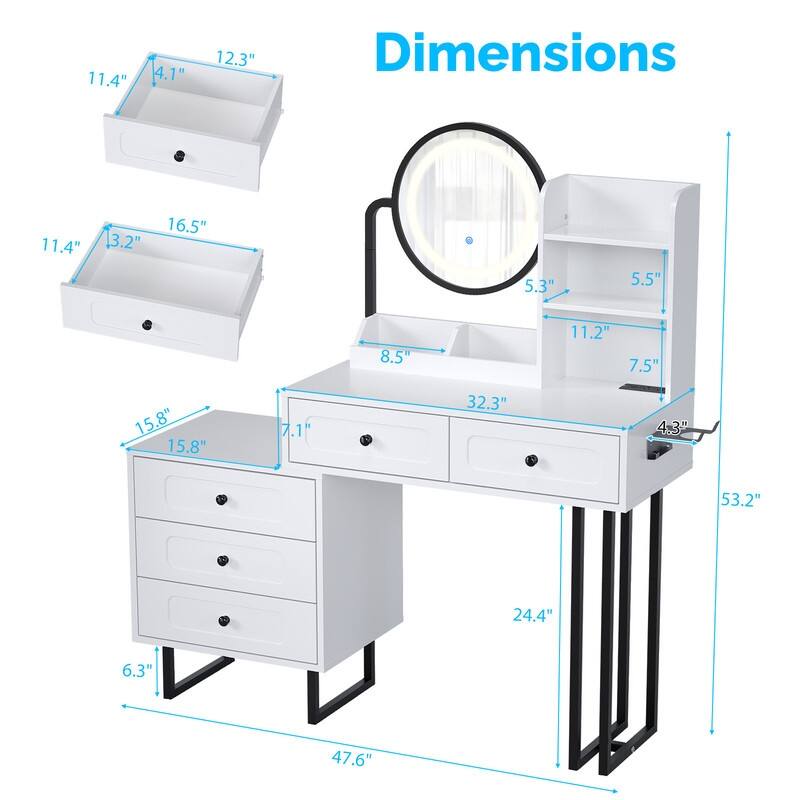 Particle Board Veneered White Bracket, White Iron Feet, 5-drawer 2-compartment 2-tier Rack Dressing Table - N/A