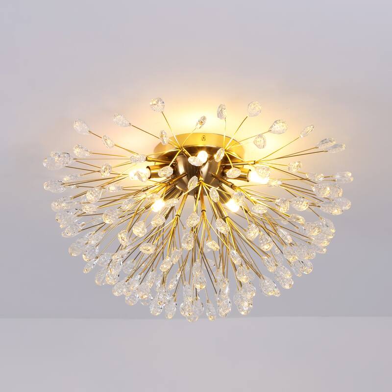 5-Light Modern Sputnik Starburst Crystal Semi-Flush Mount Light