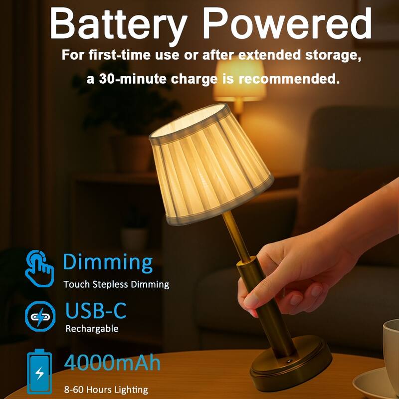 Modern Rechargeable LED Table Lamp with Fabric Shade Classic Touch Control USB Cordless Nightstand Light for Bedroom - W6''
