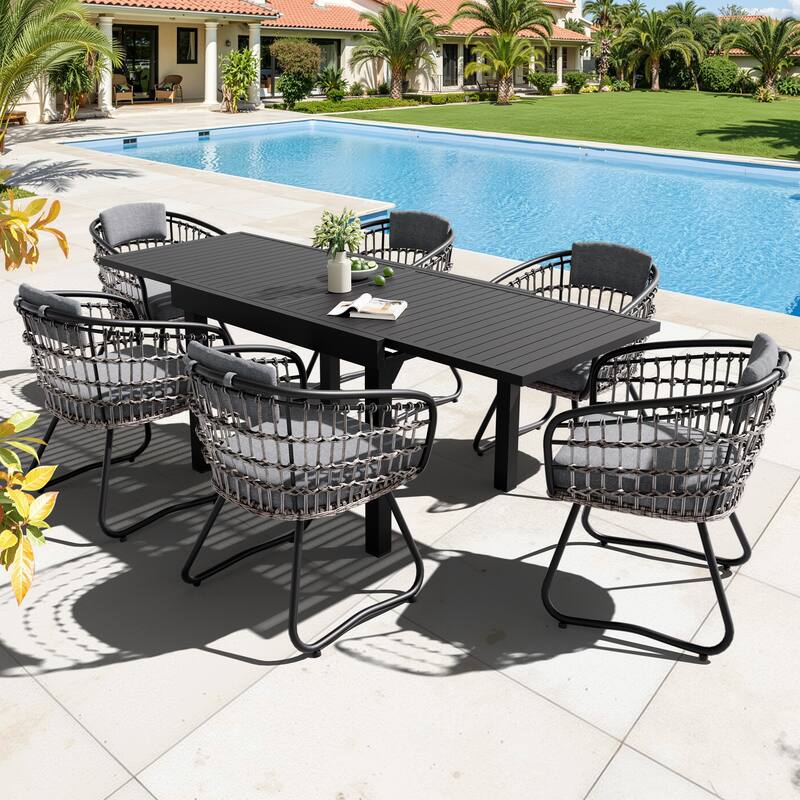 5/7/11PC Outdoor Patio Extendable Table Dining Sets with Rattan Chairs - 7PC-Grey