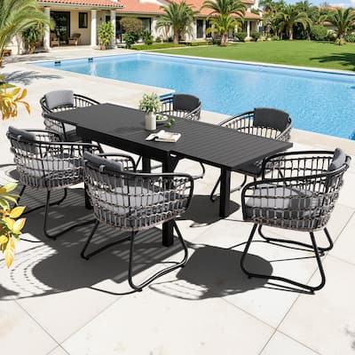 VredHom 7PC Outdoor Patio Extendable Table Dining Sets Table with Rattan Chairs
