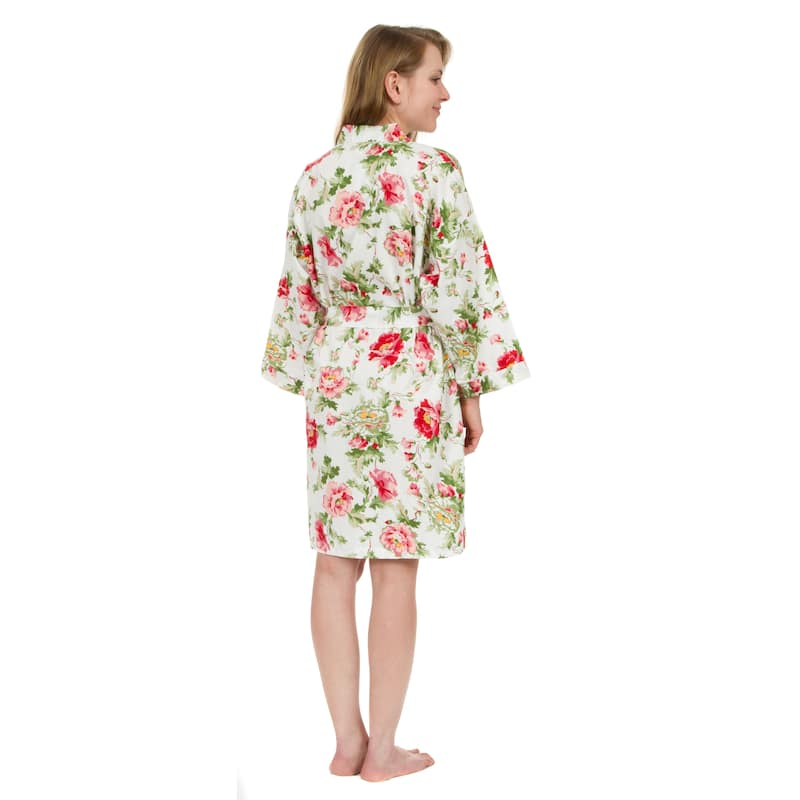 Leisureland Women's Cotton Poplin Robe, Short Kimono Floral Robe