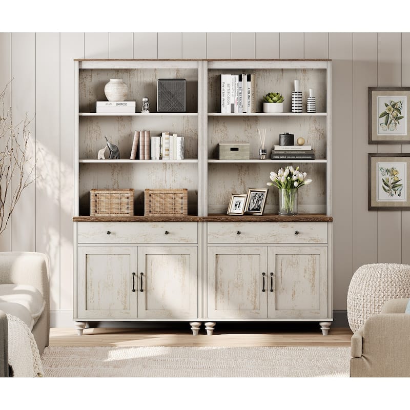 Rustic White Bookcase with Doors, Large Wood Farmhouse Book Case Shelf - 2 drawers and 4doors