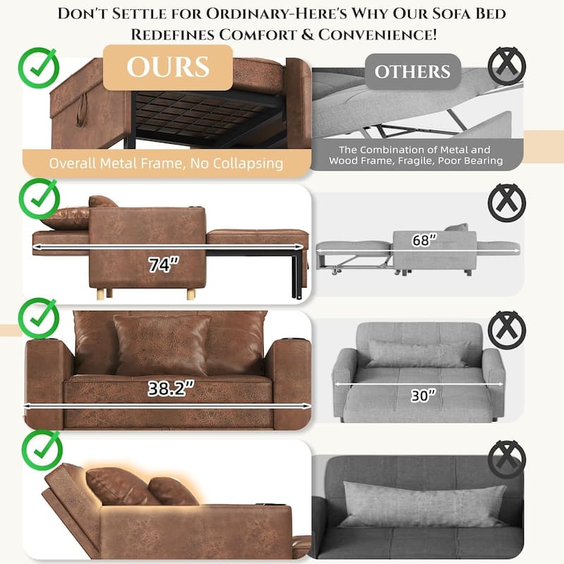 AECOJOY Sleeper Chair Extra Wide Convertible Chair Bed 3-in-1 Pull Out Single Sofa