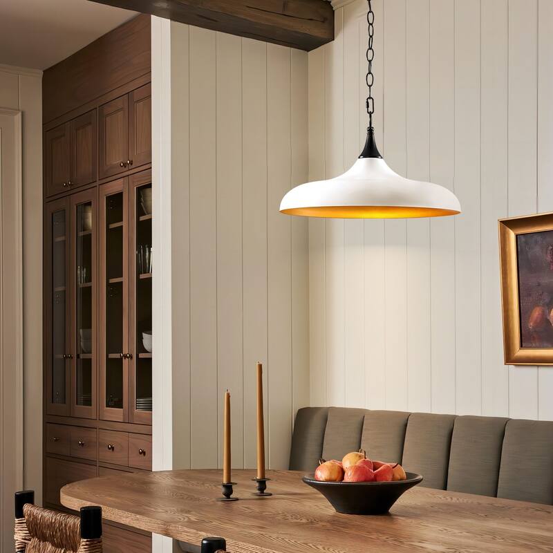 1-Light Modern White and Gold Dome Pot Lid Pendant Light - 17.72 in. W x 10.24 in. H
