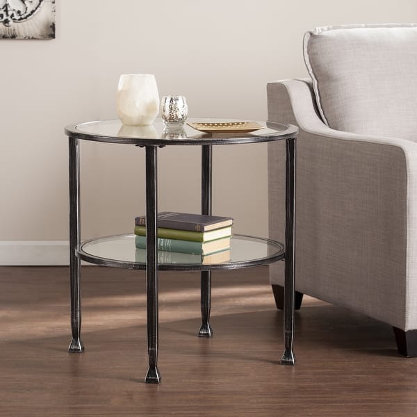 slide 2 of 9, SEI Furniture Glenn Distressed Black Metal Round Side Table with Glass Top and Shelf
