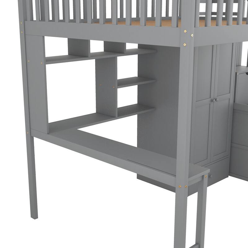 Loft Bed with Bookshelf,Drawers,Desk,and Wardrobe