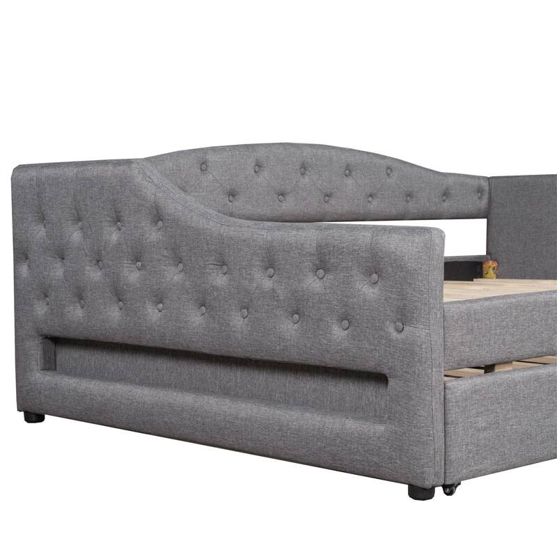 Full XL Size Daybed with LED Belt and Trundle, Upholstered Daybed Frame Sofa Bed with Button Tufted Design and Slats Support
