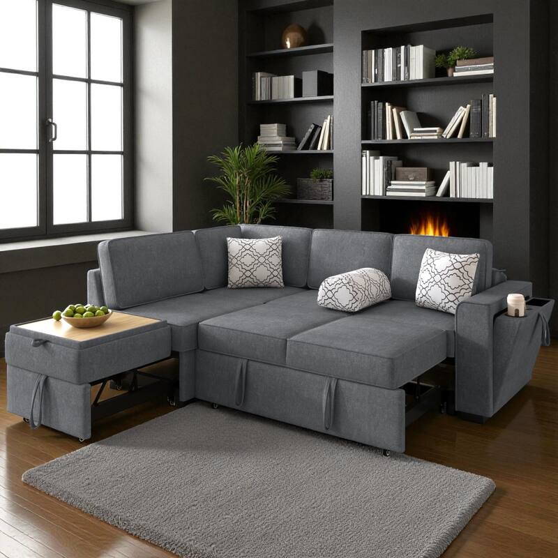 83.9" Convertible Sectional Sofa Bed with Dual Pull-Out Sleepers, Flip-Top Table, USB Ports, Cup Holder & Storage