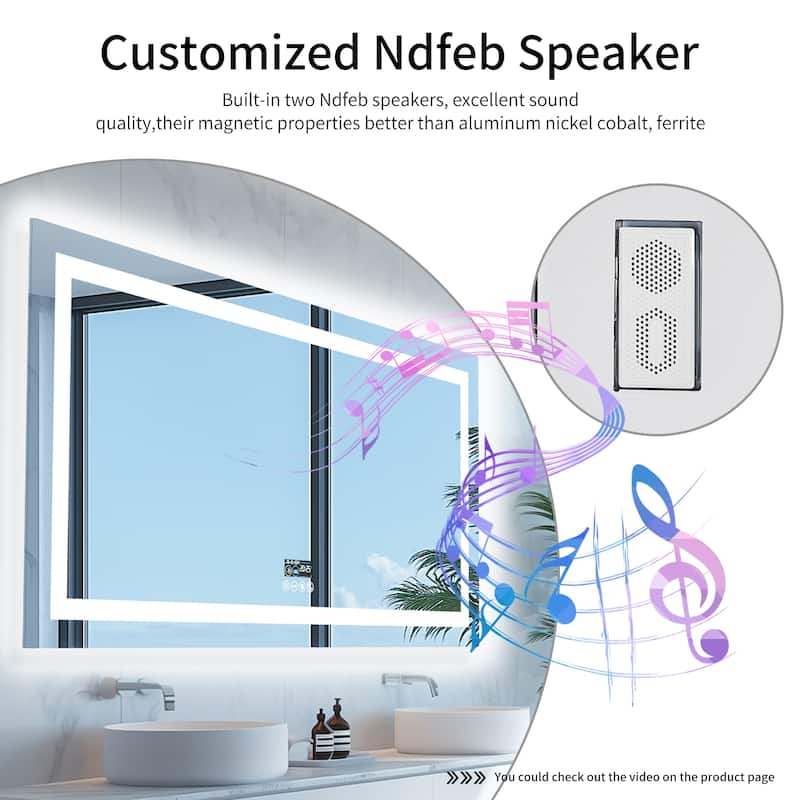 Bluetooth LED Bathroom Mirror Music Speaker Wall Vanity Mirror with Lights Date and Time Rectangle - 40"x24"