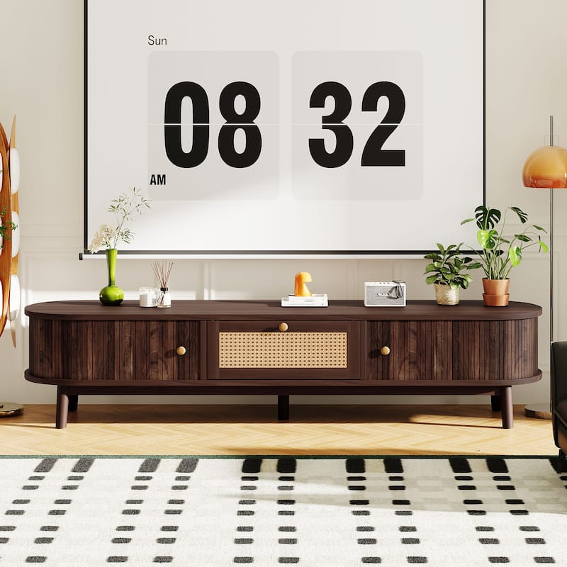 Roomfitters 75" TV Stand with Rattan Drawer, Media Console with 1 Drawer and 2 Sliding Cabinets, Modern Design, Dark Brown
