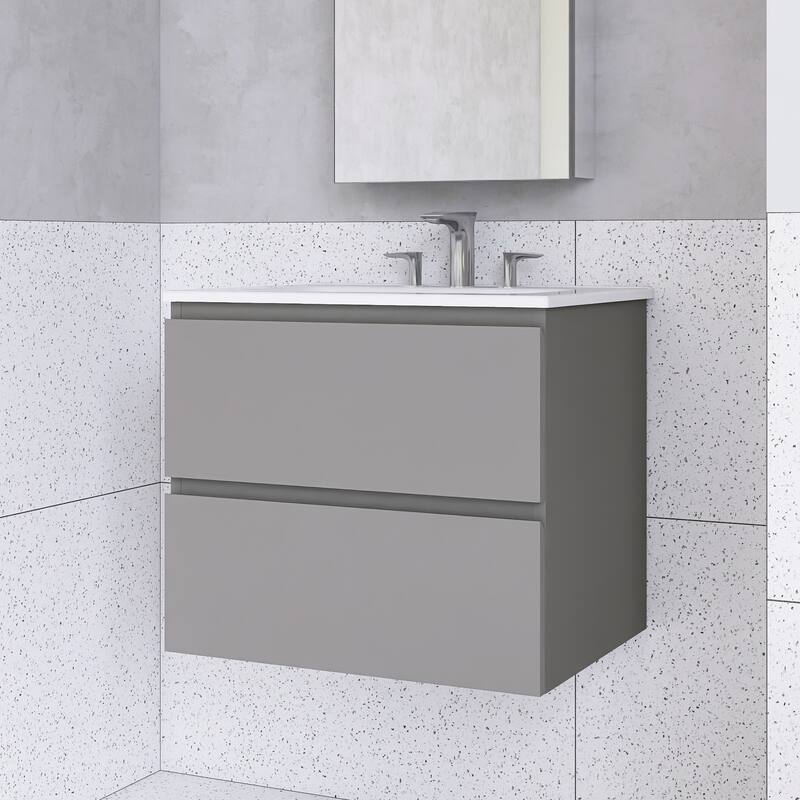 Floating Integrated Bathroom Vanity with Ceramic Sink, Three Faucet Holes