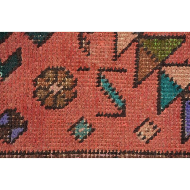 Hand Knotted Oriental 100% Wool Carpet Traditional Geometric Pink Heriz Runner Rug - 12' 2'' X 3' 0''