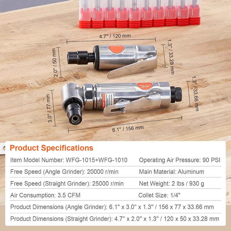 Air Die Grinder Kit, Right Angle Grinder w/ Die Grinder Combo & 10PCS Single Cut Carbide Burr Set, Lightweight - Grinder Kit