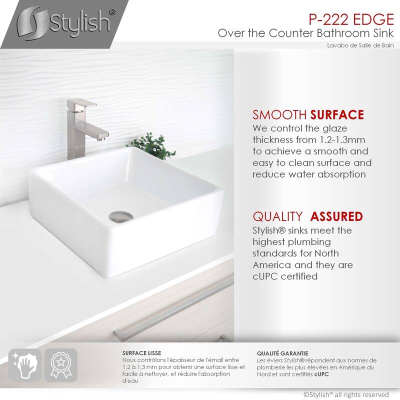 STYLISH Porcelain Square 15-inches Top Mounted Ceramic Vessel Bathroom Sink - 15" x 15" x 5.75"
