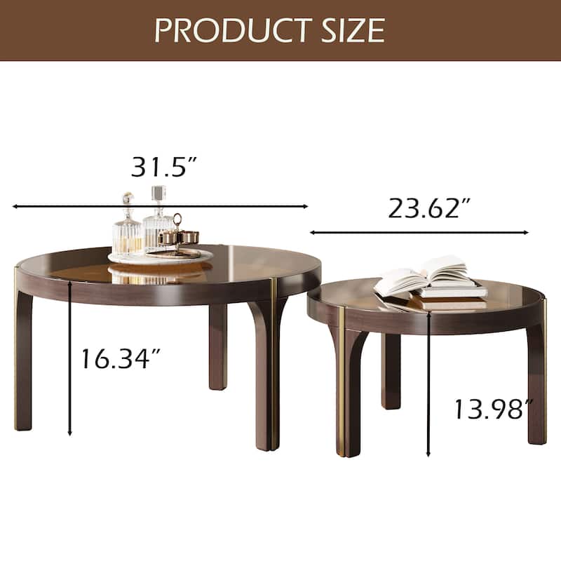 Modern Coffee Table Set of 2,Brown tempered glass tabletop, solid wood legs,31.5+23.62"