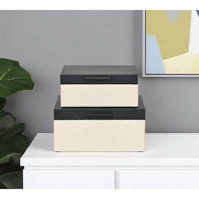 Set Of Two Black And Cream Faux Shagreen And Faux Wicker Jewelry Boxes