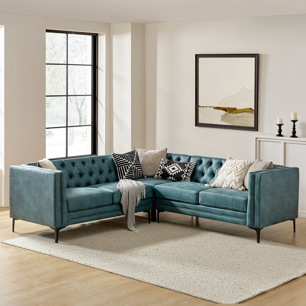 Moira Transitional Genuine Leather Corner Sectional Sofa with Tufted Back and Metal Leg by HULALA HOME