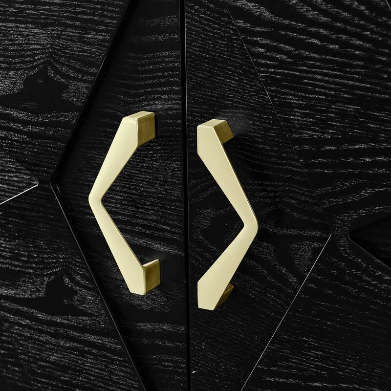 Anmytek Black Wood Grain Sideboard with Geometric Doors and Gold Handles 4-Door Buffet Console