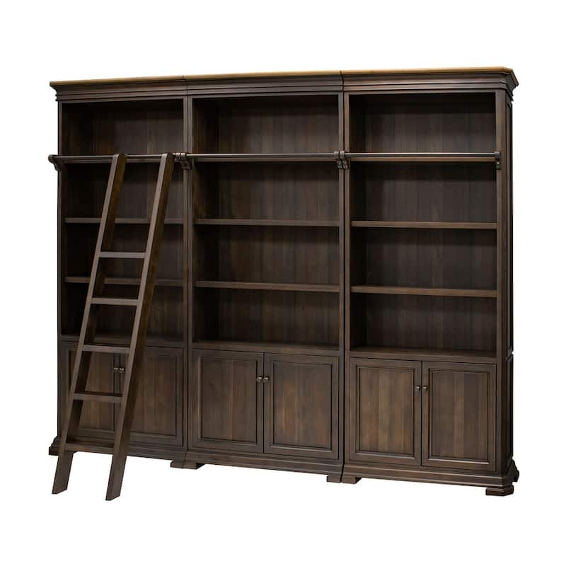Executive Bookcase Wall With Wood Ladder, Brown - 120"W x 94"H x 14"D