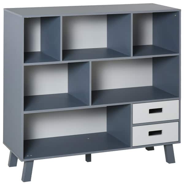 slide 2 of 21, HOMCOM 3-Tier Child Bookcase Open Shelves Cabinet Floor Standing Home Office Storage Furniture Shelvin with Drawers Grey