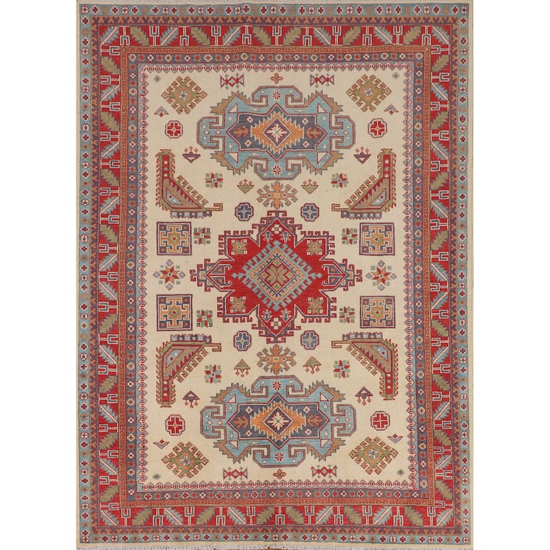 Ivory Kazak Area Rug Handmade Wool Carpet - 5'9" x 7'8"