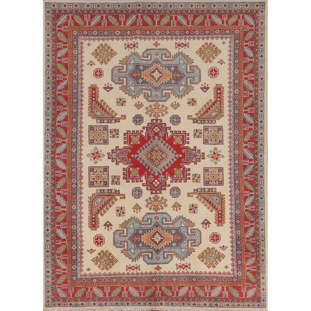 Ivory Kazak Area Rug Handmade Wool Carpet - 5'9" x 7'8"