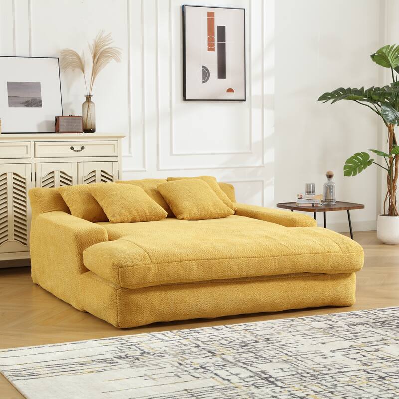 Chenille Upholstered 2-seater Deep Seat lazy sofa bed With 5 back pillows - Yellow