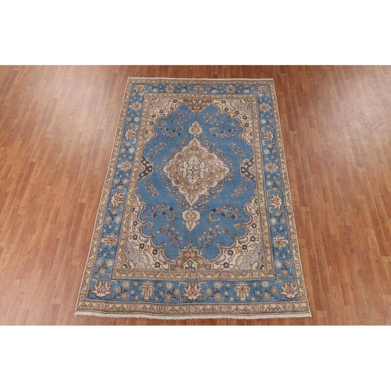 Traditional Blue Tabriz Persian Vintage Area Rug Handmade Wool Carpet - 6'4" x 9'8"