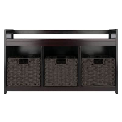 4 Pc Storage Bench 3 Foldable Woven Baskets 37.5" Espresso Chocolate