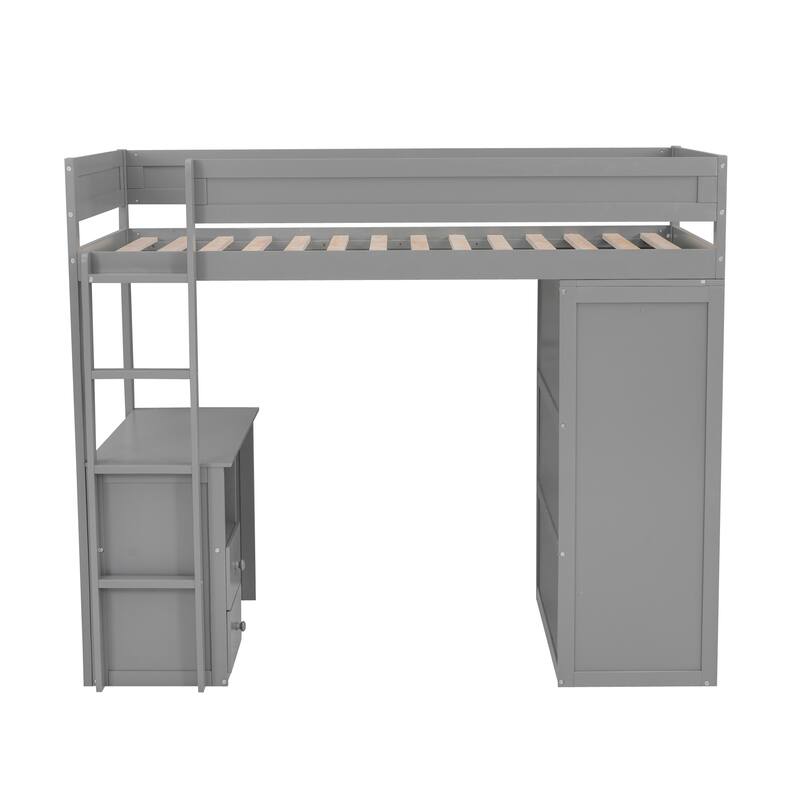 Gray Twin Loft Bed with Wardrobe, Desk & Storage - Space Saving Furniture