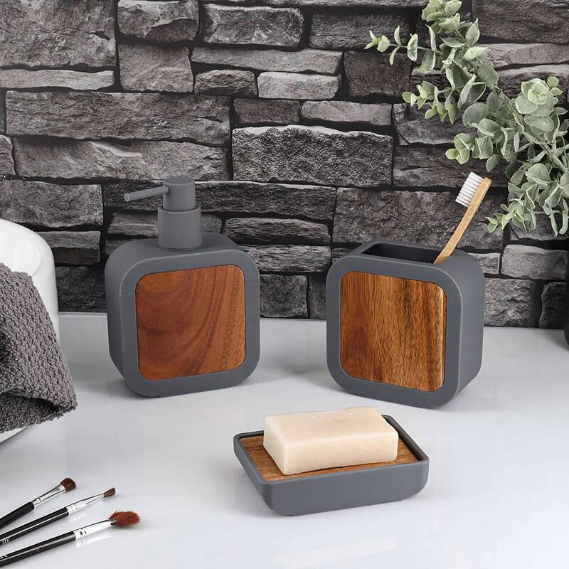 Contemporary Soap Dispenser Rubber and Wood - 4.3 L x 1.9 W x 6.6 H