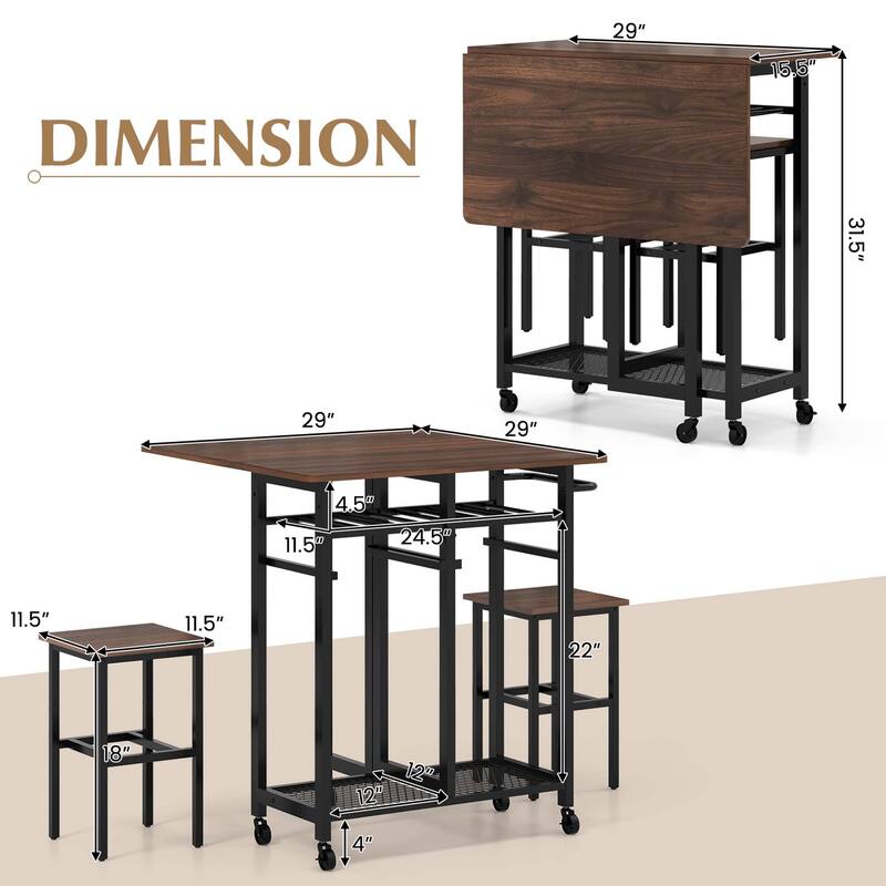 Costway 3 PCS Rolling Dining Table Set Extendable Kitchen Table 2