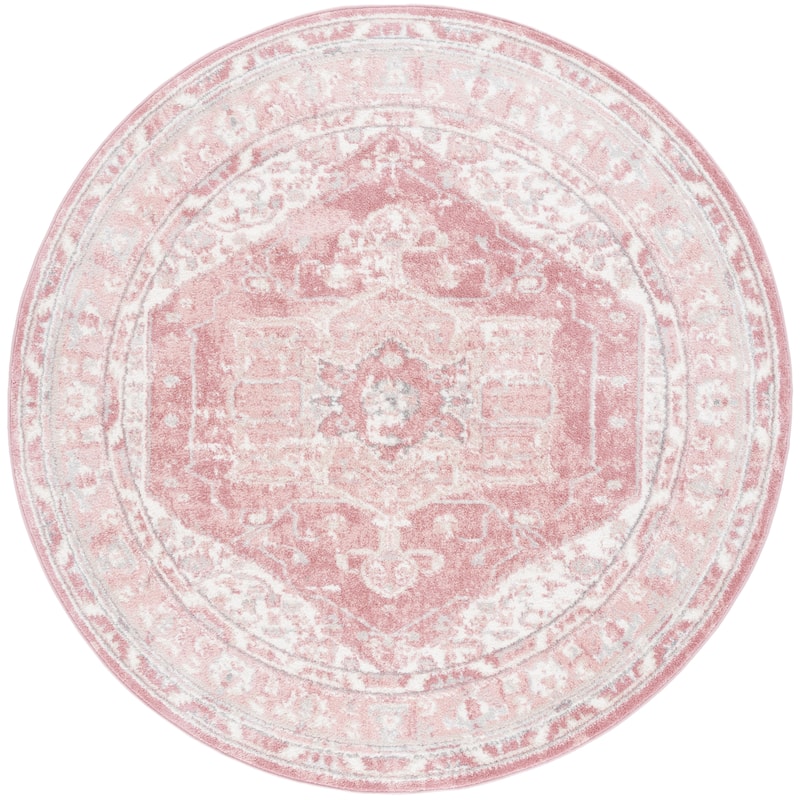 SAFAVIEH Layla Vicky Shabby Chic Farmhouse Rug - 6'7" Round - Ivory Grey/Pink