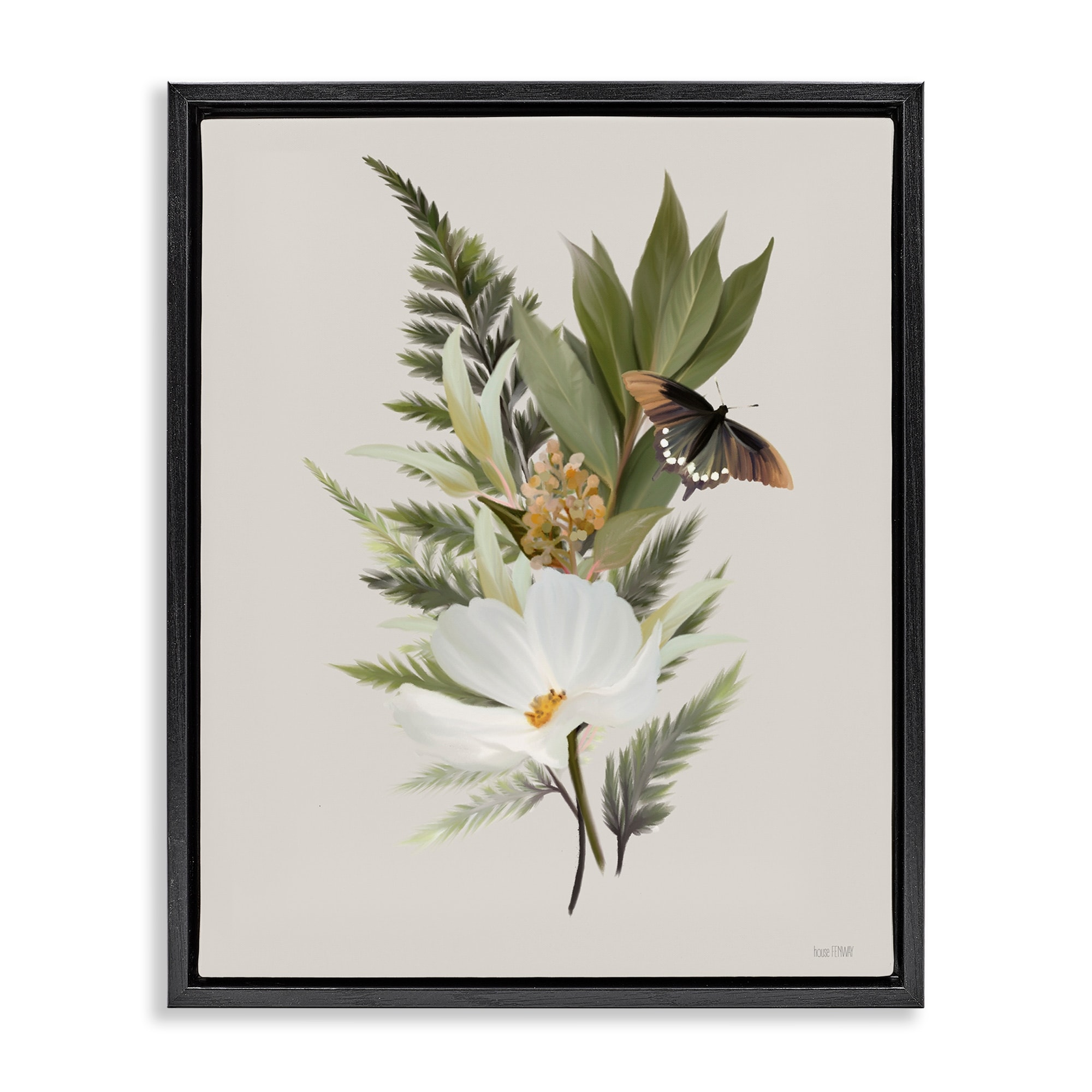 Stupell Flower Sprigs & Butterfly Framed Floater Canvas Wall Art Design By House Fenway