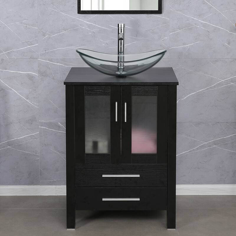eclife 24" Classical Bathroom Vanity Set with Tempered Glass Vessel Sink Oil Rubbed Bronze Faucet and Drain - glass clear boat sink