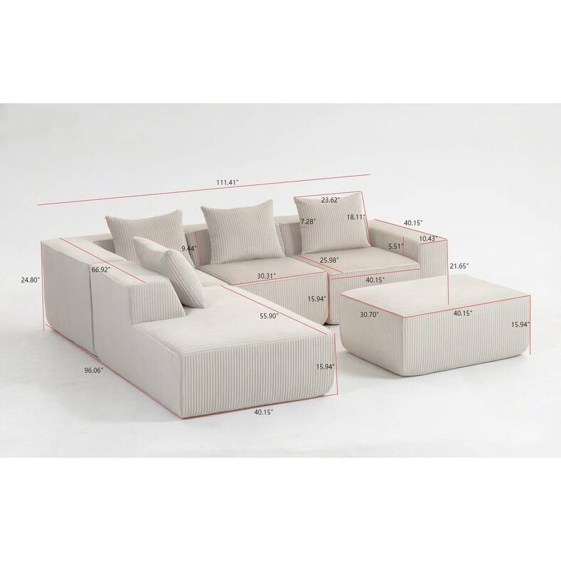 Corduroy Modular Sectional Sofa with Chaise Lounge, Deep Seat, Ottoman